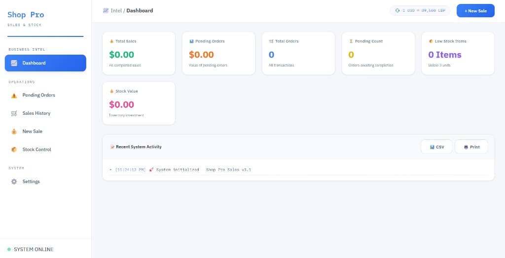 Shop Pro sales and stock dashboard preview